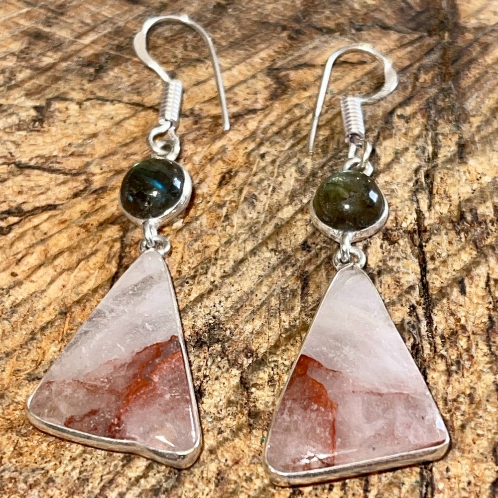 Labradorite & Phantom Fire Quartz Earrings 2” - Picture 10 of 13